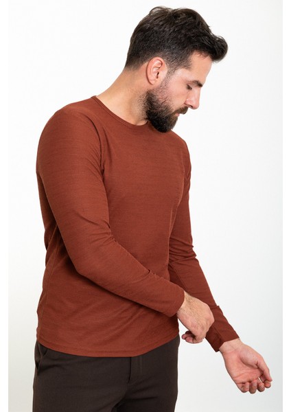 Düz Kiremit Rengi Slim Fit Bisiklet Yaka Uzun Kollu Erkek T-Shirt fırsatları