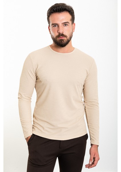 Düz Bej Slim Fit Bisiklet Yaka Uzun Kollu Erkek T-Shirt