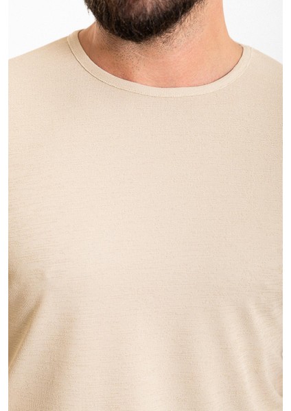 Düz Bej Slim Fit Bisiklet Yaka Uzun Kollu Erkek T-Shirt fiyatları