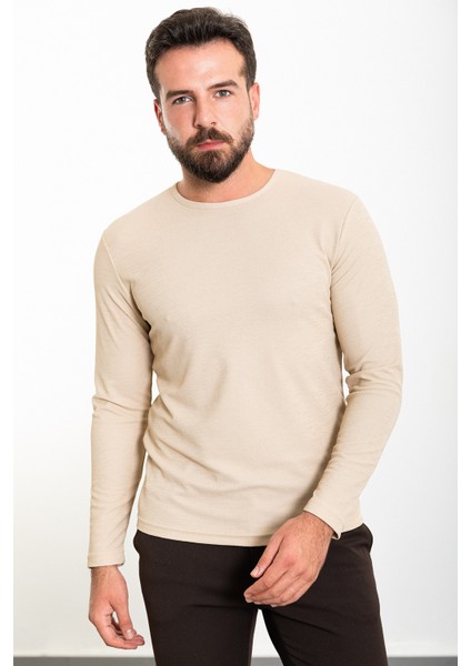 Düz Bej Slim Fit Bisiklet Yaka Uzun Kollu Erkek T-Shirt modelleri