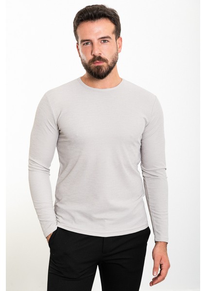 Düz Taş Rengi Slim Fit Bisiklet Yaka Uzun Kollu Erkek T-Shirt