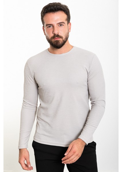 Düz Taş Rengi Slim Fit Bisiklet Yaka Uzun Kollu Erkek T-Shirt modelleri