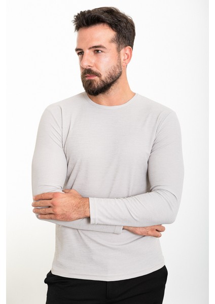 Düz Taş Rengi Slim Fit Bisiklet Yaka Uzun Kollu Erkek T-Shirt fırsatları