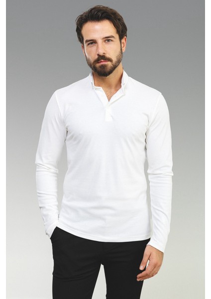 Düz Beyaz Renk Slim Fit Polo Yaka Uzun Kollu Erkek T-Shirt