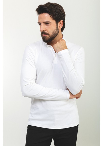 Düz Beyaz Renk Slim Fit Polo Yaka Uzun Kollu Erkek T-Shirt modelleri