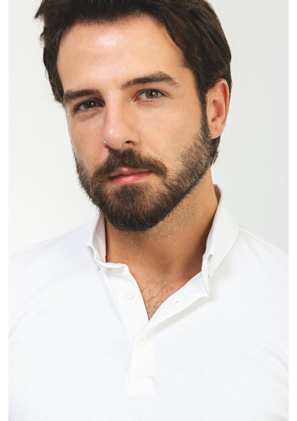 Düz Beyaz Renk Slim Fit Polo Yaka Uzun Kollu Erkek T-Shirt fırsatları