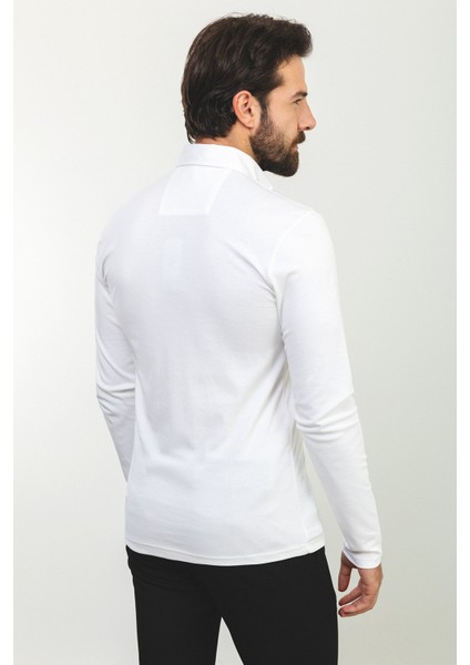 Düz Beyaz Renk Slim Fit Polo Yaka Uzun Kollu Erkek T-Shirt indirimleri