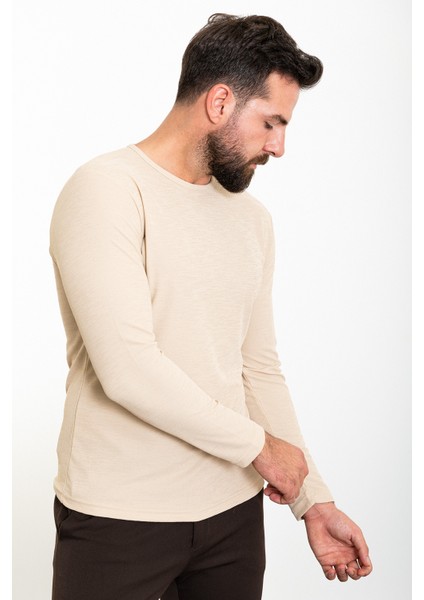 Düz Bej Slim Fit Bisiklet Yaka Uzun Kollu Erkek T-Shirt fırsatları