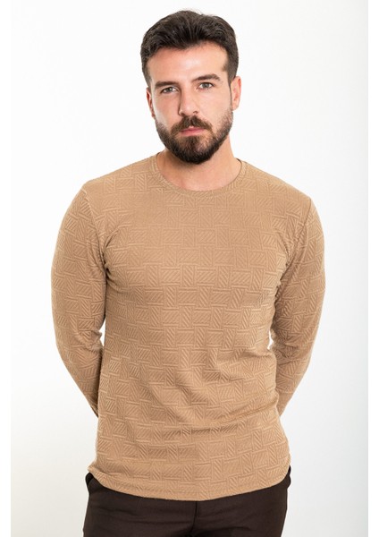 Desenli Bej Slim Fit Bisiklet Yaka Uzun Kollu Erkek T-Shirt