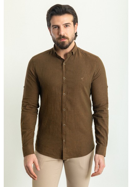 Düz Kahverengi Slim Fit Basic Keten Erkek Gömlek fırsatları