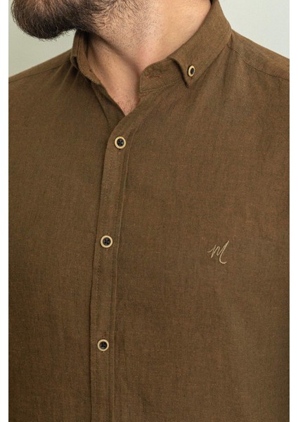 Düz Kahverengi Slim Fit Basic Keten Erkek Gömlek indirimleri