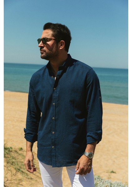 Düz Lacivert Renk Slim Fit Basic Keten Erkek Gömlek