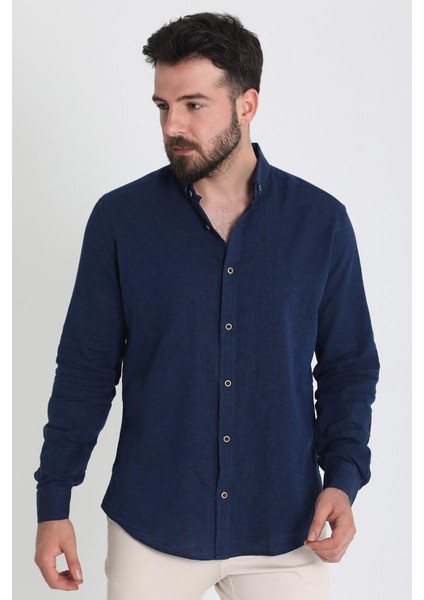 Düz Lacivert Renk Slim Fit Basic Keten Erkek Gömlek fiyatları
