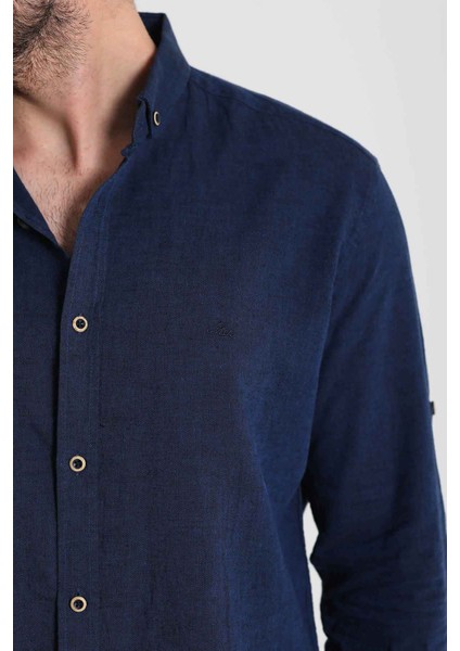 Düz Lacivert Renk Slim Fit Basic Keten Erkek Gömlek modelleri