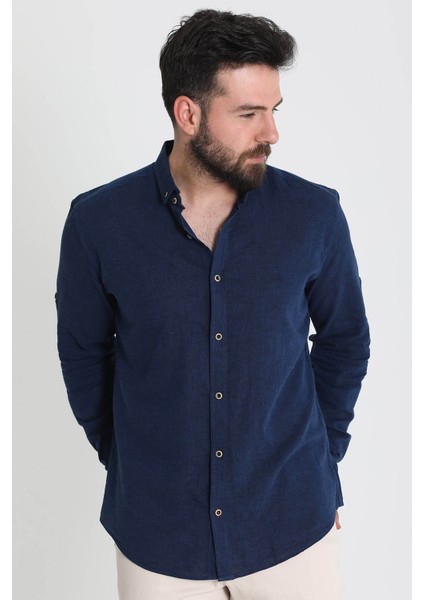 Düz Lacivert Renk Slim Fit Basic Keten Erkek Gömlek fırsatları