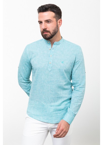 Desenli Slim Fit Hakim Yaka Keten Erkek Gömlek