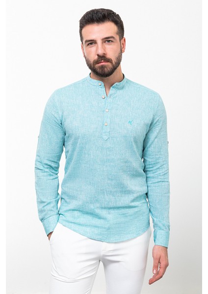 Desenli Slim Fit Hakim Yaka Keten Erkek Gömlek fırsatları