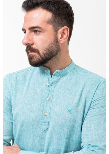 Desenli Slim Fit Hakim Yaka Keten Erkek Gömlek indirimleri