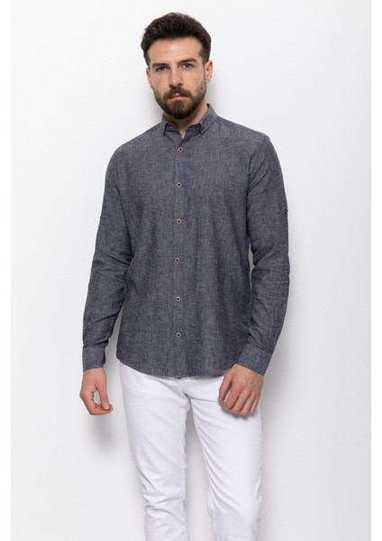 Düz Antrasit Rengi Slim Fit Basic Keten Erkek Gömlek