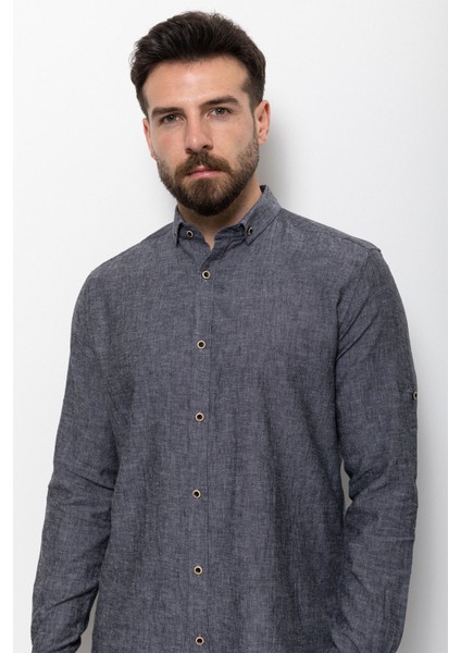 Düz Antrasit Rengi Slim Fit Basic Keten Erkek Gömlek fiyatları
