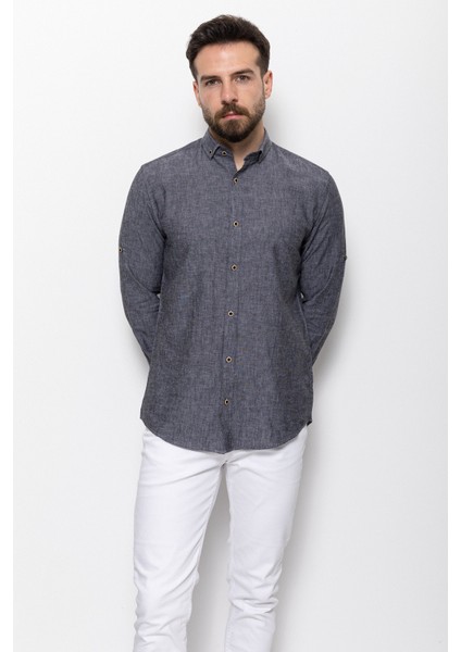 Düz Antrasit Rengi Slim Fit Basic Keten Erkek Gömlek modelleri