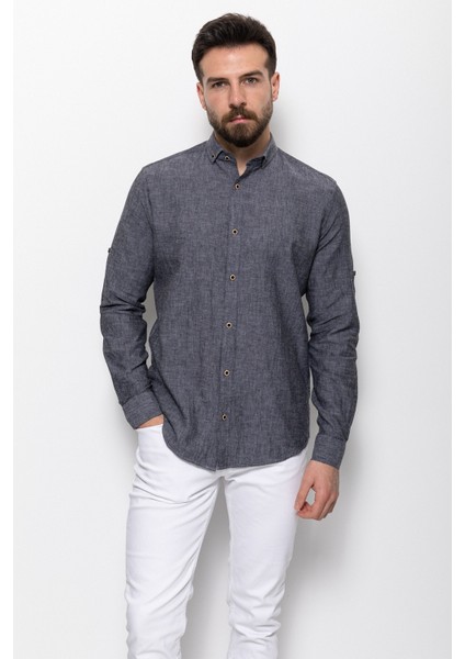Düz Antrasit Rengi Slim Fit Basic Keten Erkek Gömlek fırsatları