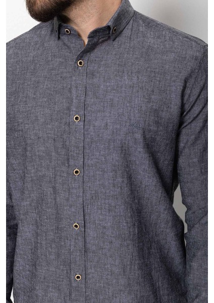 Düz Antrasit Rengi Slim Fit Basic Keten Erkek Gömlek indirimleri
