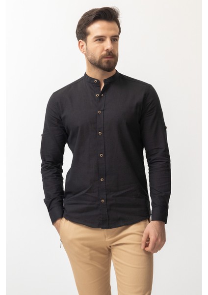 Düz Siyah Renk Slim Fit Hakim Yaka Basic Keten Erkek Gömlek