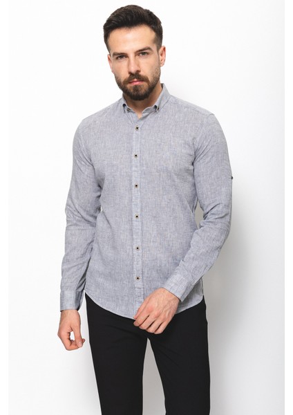 Düz Gri Renk Slim Fit Basic Keten Erkek Gömlek