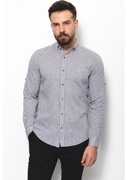 Düz Gri Renk Slim Fit Basic Keten Erkek Gömlek modelleri