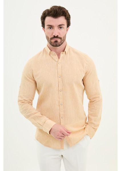 Düz Slim Fit Basic Keten Erkek Gömlek