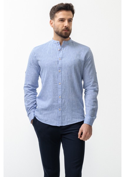 Düz Saks Rengi Slim Fit Hakim Yaka Basic Keten Erkek Gömlek
