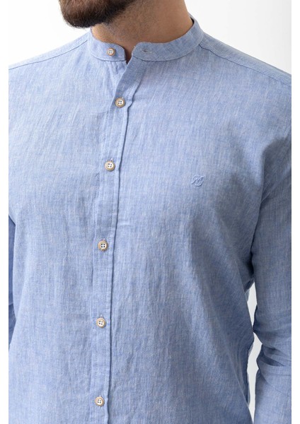 Düz Saks Rengi Slim Fit Hakim Yaka Basic Keten Erkek Gömlek fiyatları