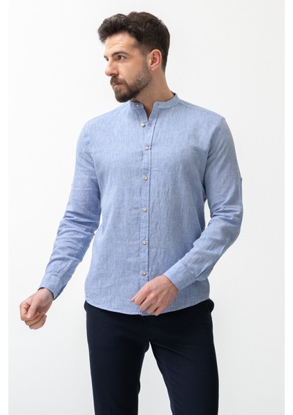 Düz Saks Rengi Slim Fit Hakim Yaka Basic Keten Erkek Gömlek modelleri