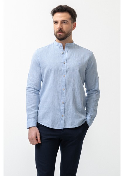 Düz Mavi Renk Slim Fit Hakim Yaka Basic Keten Erkek Gömlek