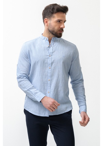 Düz Mavi Renk Slim Fit Hakim Yaka Basic Keten Erkek Gömlek modelleri