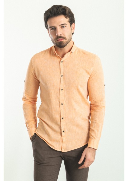 Düz Slim Fit Basic Keten Erkek Gömlek