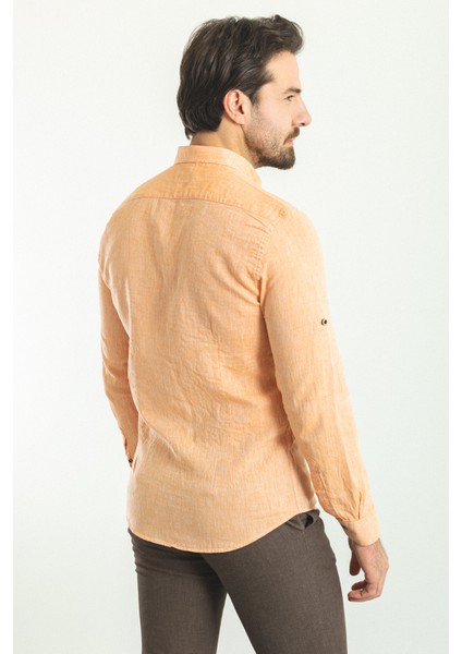Düz Slim Fit Basic Keten Erkek Gömlek fırsatları