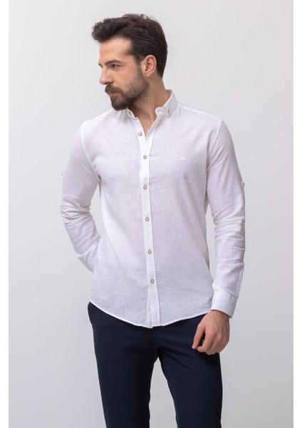 Düz Beyaz Renk Slim Fit Basic Keten Erkek Gömlek