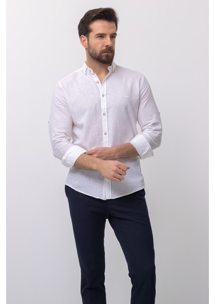 Düz Beyaz Renk Slim Fit Basic Keten Erkek Gömlek