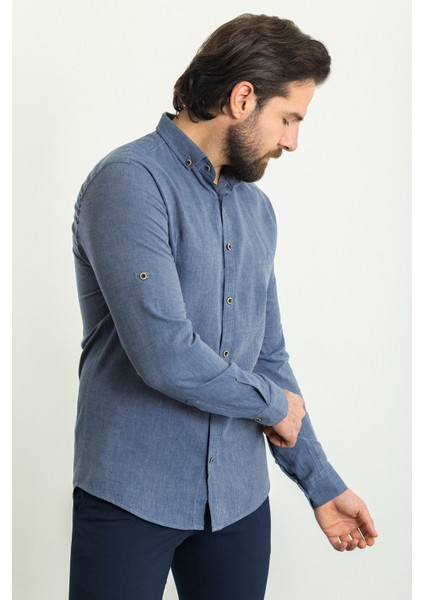 Düz Indigo Rengi Slim Fit Basic Keten Erkek Gömlek modelleri