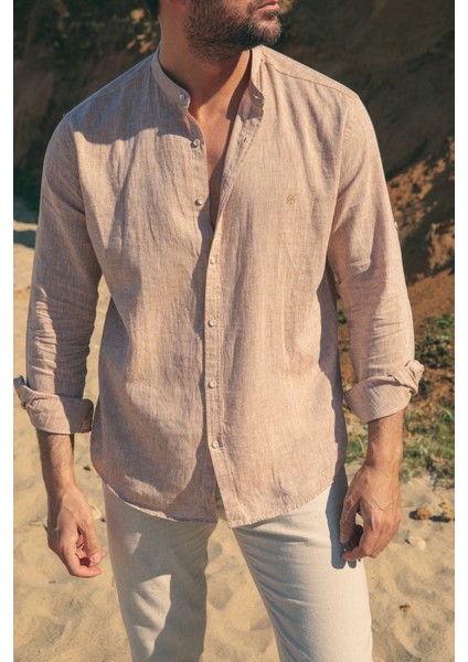 Düz Kamel Rengi Slim Fit Hakim Yaka Basic Keten Erkek Gömlek fiyatları
