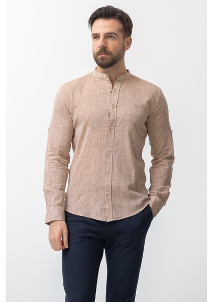 Düz Kamel Rengi Slim Fit Hakim Yaka Basic Keten Erkek Gömlek modelleri