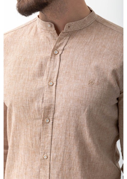Düz Kamel Rengi Slim Fit Hakim Yaka Basic Keten Erkek Gömlek fırsatları