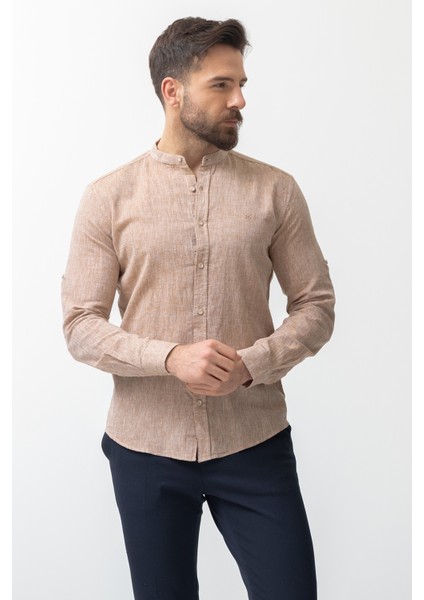 Düz Kamel Rengi Slim Fit Hakim Yaka Basic Keten Erkek Gömlek indirimleri