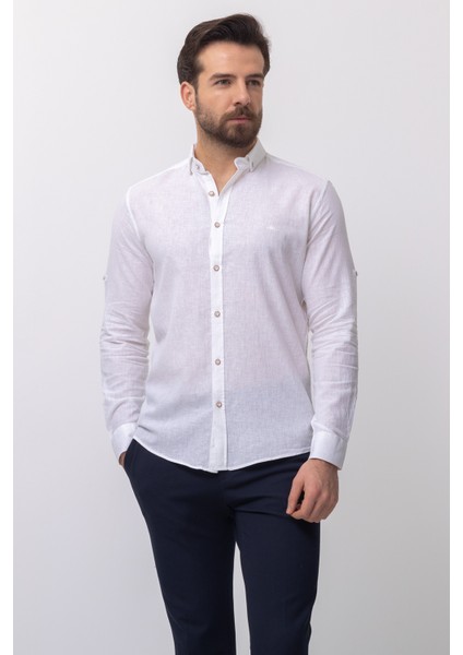 Düz Beyaz Renk Slim Fit Basic Keten Erkek Gömlek fiyatları