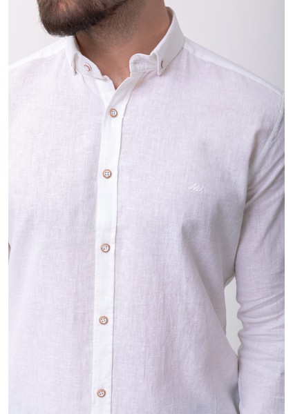 Düz Beyaz Renk Slim Fit Basic Keten Erkek Gömlek modelleri