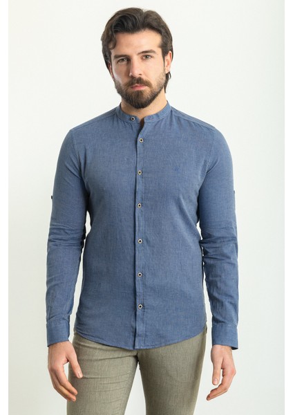 Düz Indigo Rengi Slim Fit Hakim Yaka Basic Keten Erkek Gömlek