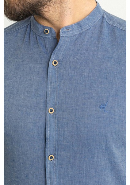 Düz Indigo Rengi Slim Fit Hakim Yaka Basic Keten Erkek Gömlek