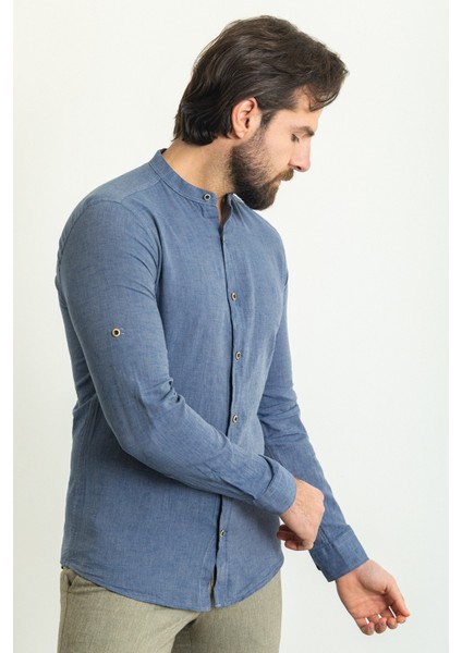 Düz Indigo Rengi Slim Fit Hakim Yaka Basic Keten Erkek Gömlek
